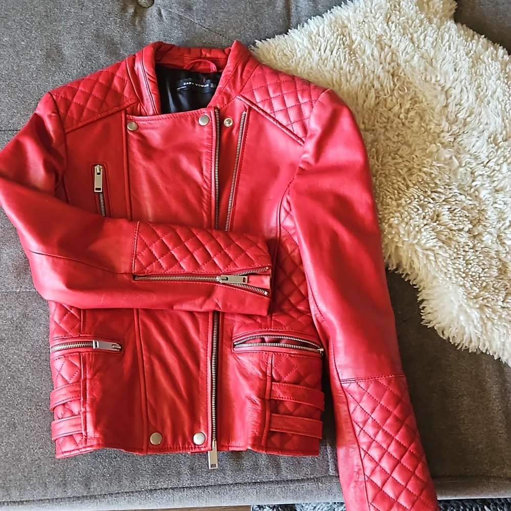 Zara red real leather moto jacket - Picture 1 of 4